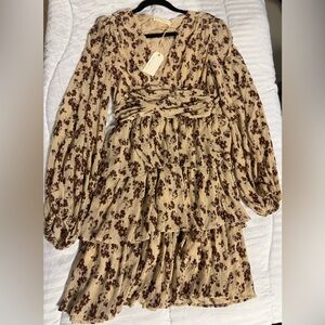 By Together Cream and Brown Floral Long Sleeve Dress